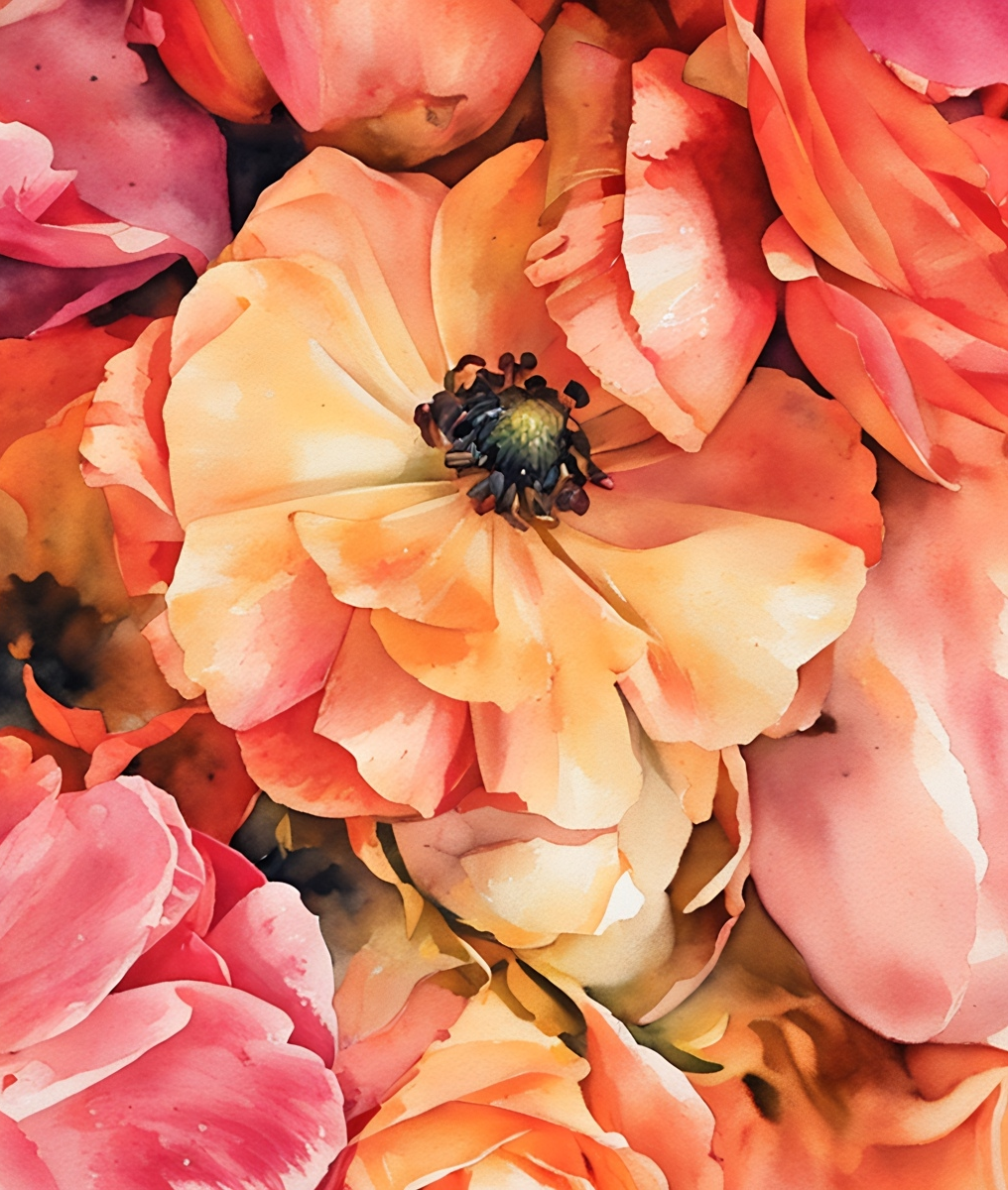 Watercolor of Blooming Bright Coral Flowers by Haute Stock