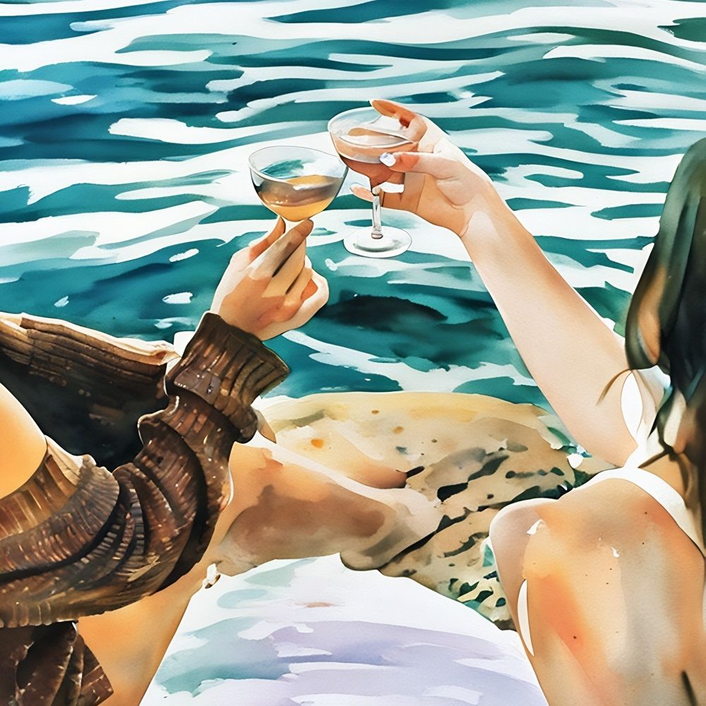 Photo of Two Women Cheering Each Other at a Seaside Picnic by Haute Stock