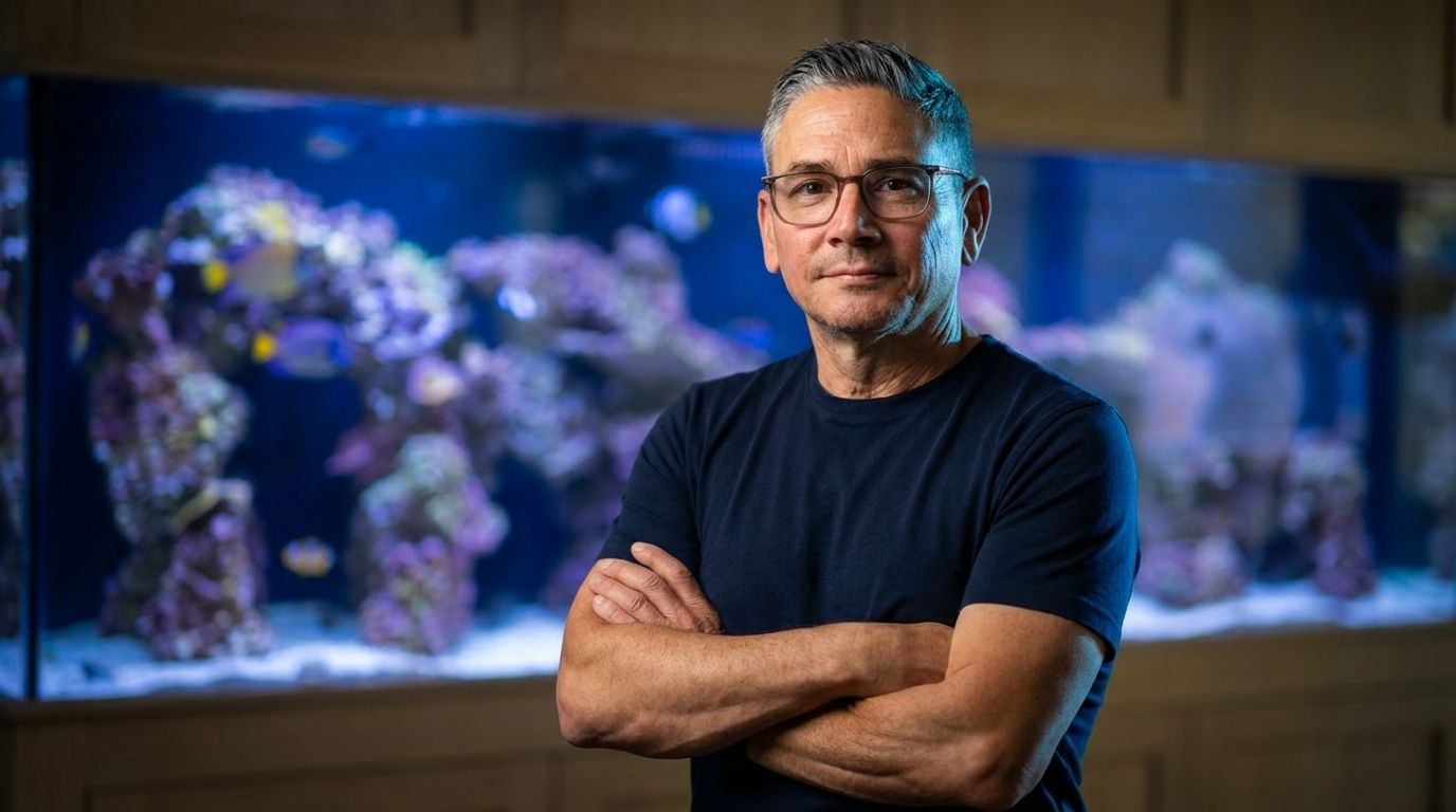 Man standing in front of a large reef aquarium