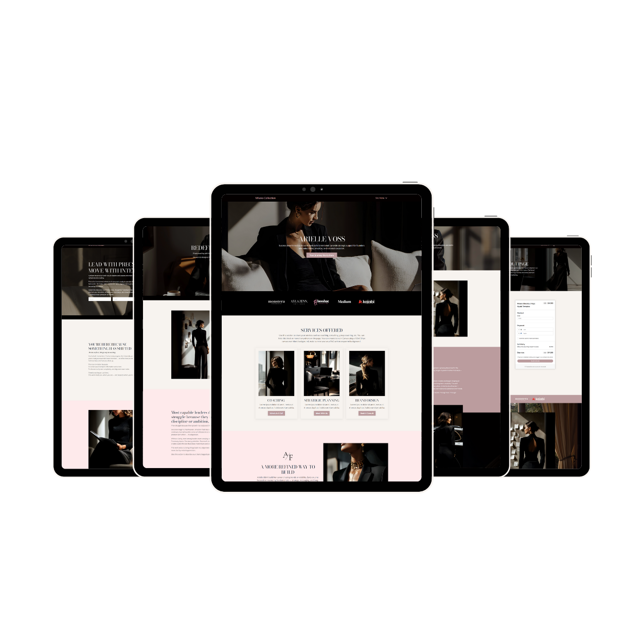 Milano Kajabi website template responsive design shown on tablet with elegant neutral color palette