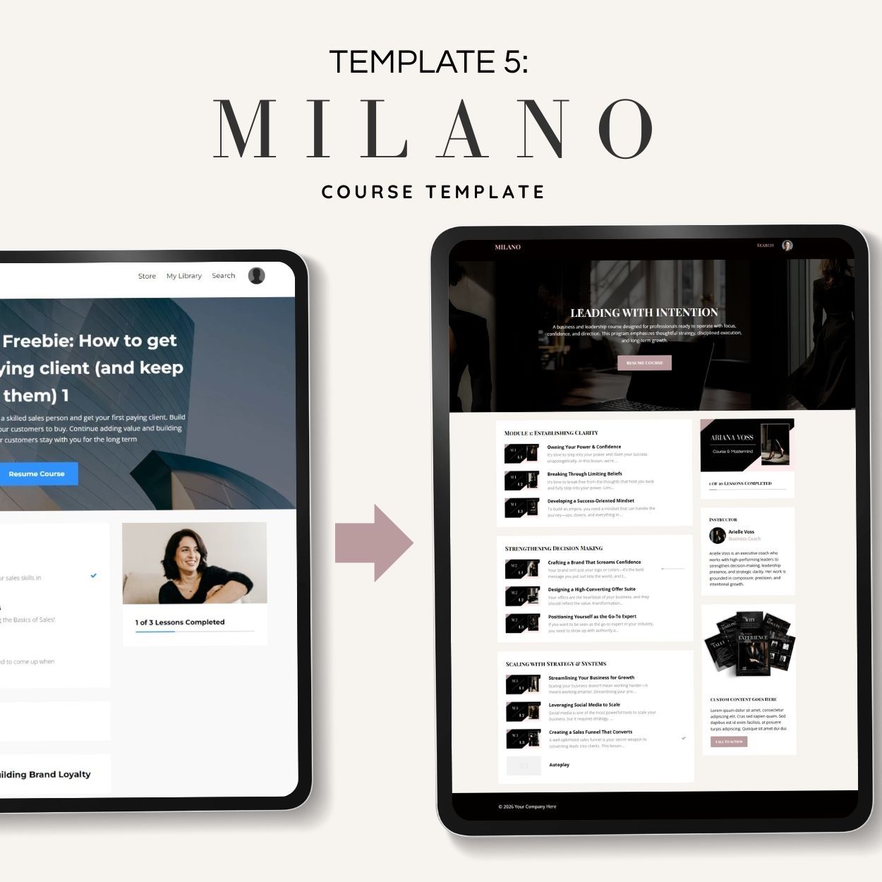 Milano Kajabi course template showing syllabus and lesson layout for online programs