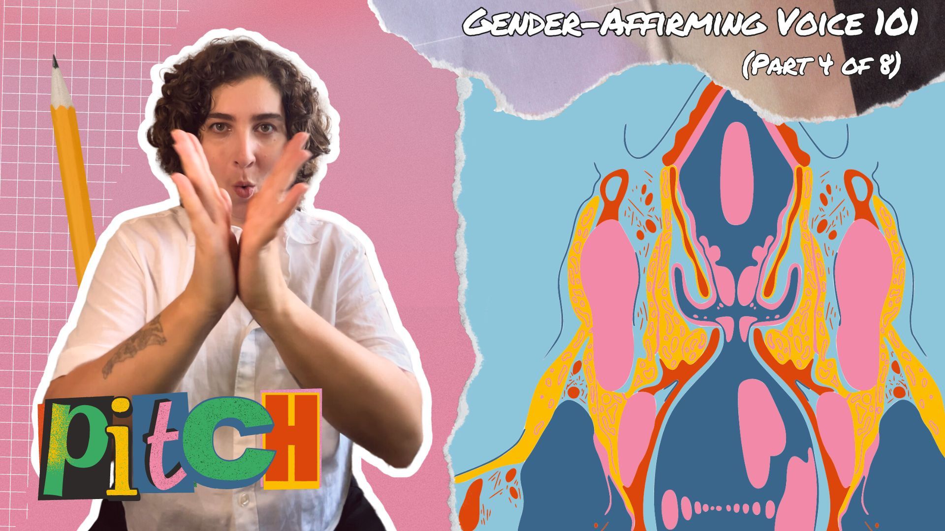 Illustrated header showing vocal fold vibration and pitch frequency for gender-affirming voice training