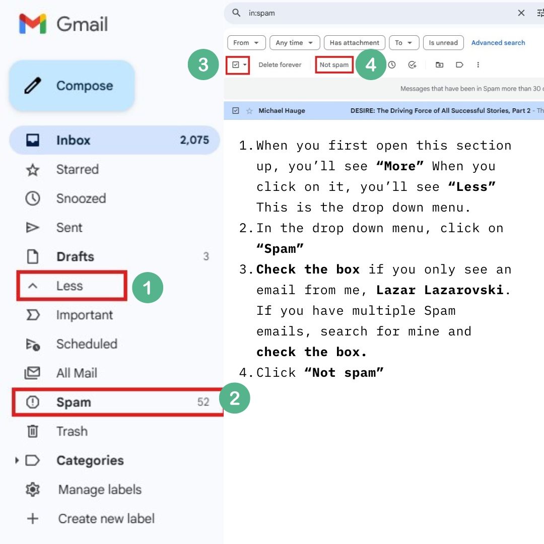 Gmail spam folder instructions showing how to mark RadTechRegistry.com registry review and CE/CEU course emails as “Not Spam” for X-ray students and radiologic technologists