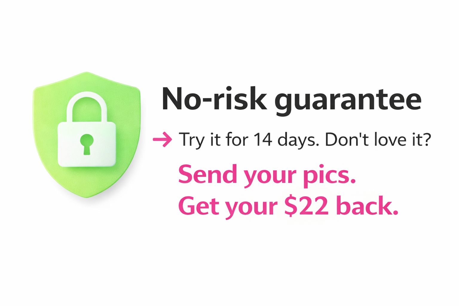 No risk guarantee. Try it for 14 days. Don't love it? Send your pics. Get your $22 back.