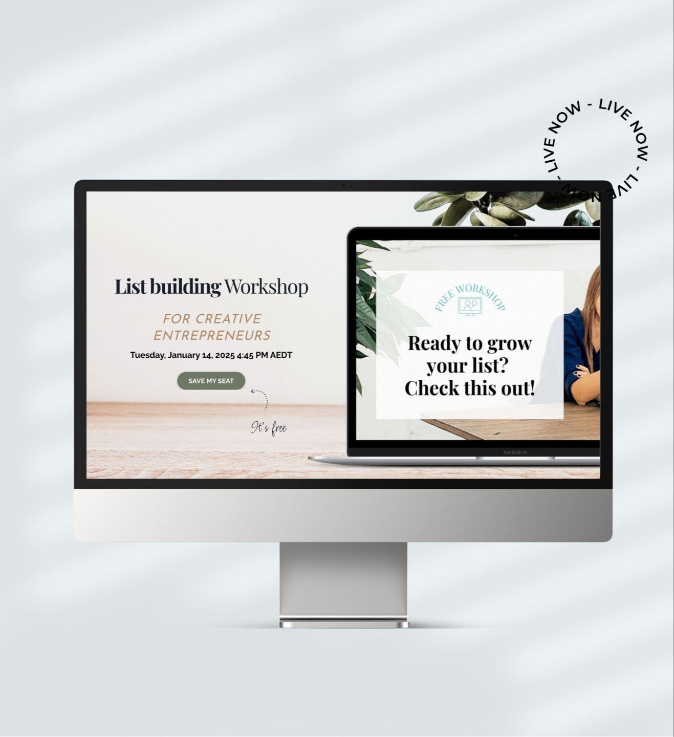 Kajabi Premium Template Mockup for a Webinar Page in the Aimee Blue Style