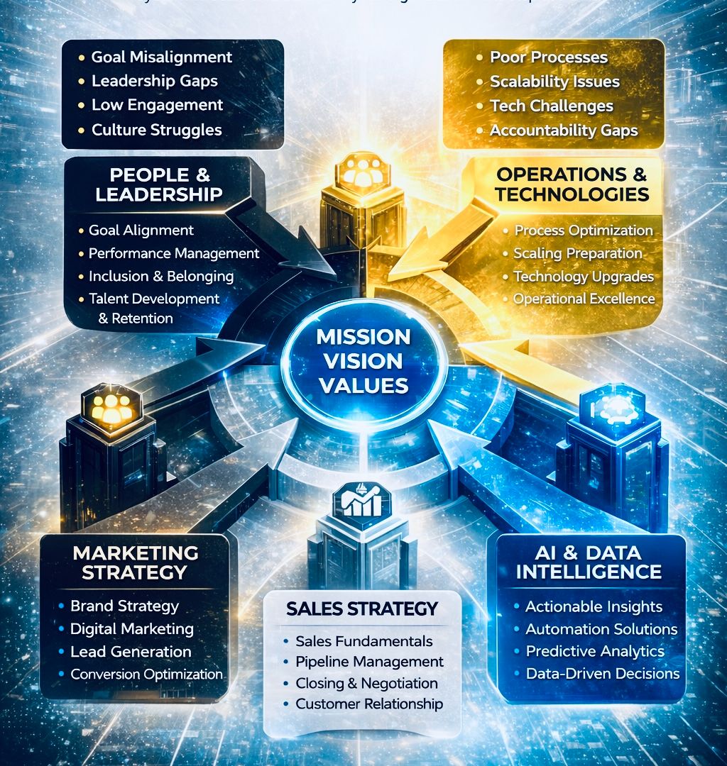 The CR Decision Architecture brings together the core domains that determine an organization’s ability to lead with clarity under complexity: leadership judgment, operational clarity, market and revenue intelligence, and disciplined use of data and AI. It gives executives a unified lens for interpreting signals, strengthening accountability, and governing decisions. This conceptual model guides the coaching; it does not prescribe tools or deliverables.
