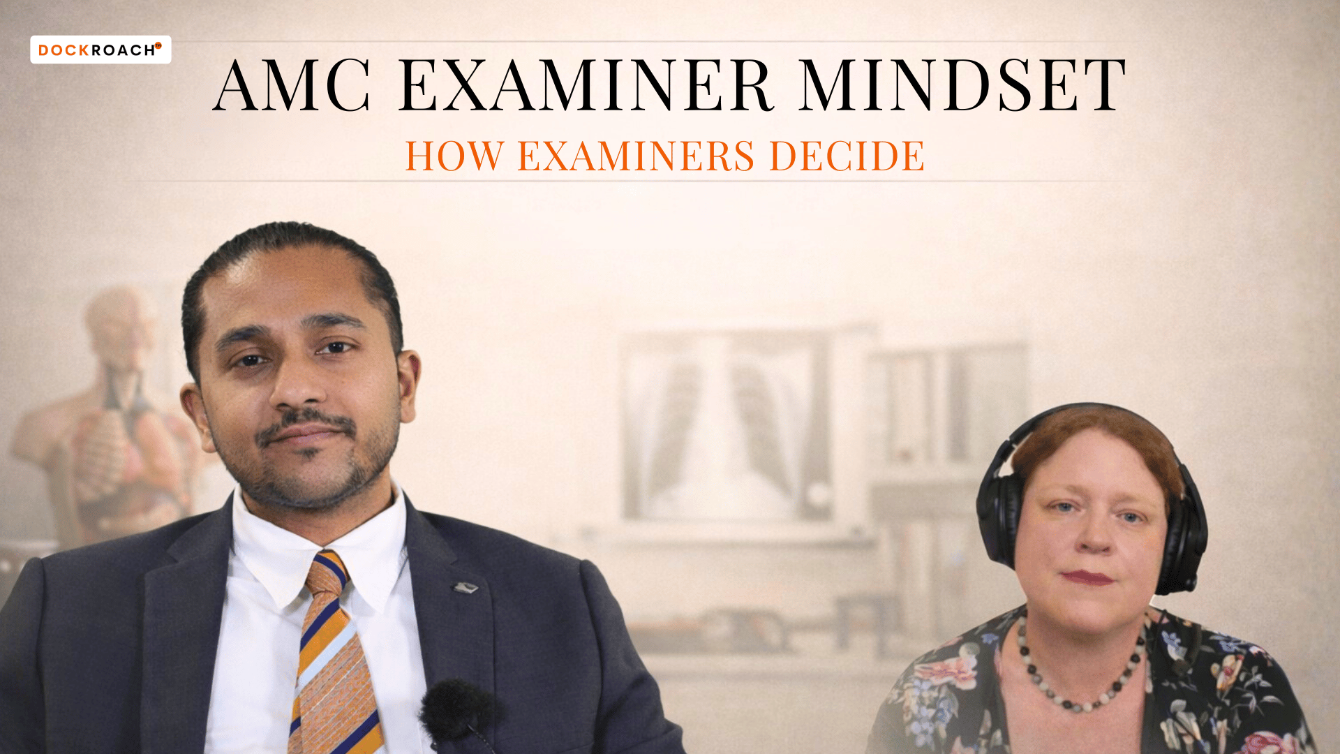 AMC Examiner Mindset masterclass thumbnail showing Dr Aarons and former AMC examiner Dr Sarah discussing how examiners decide outcomes in the AMC Clinical Exam.