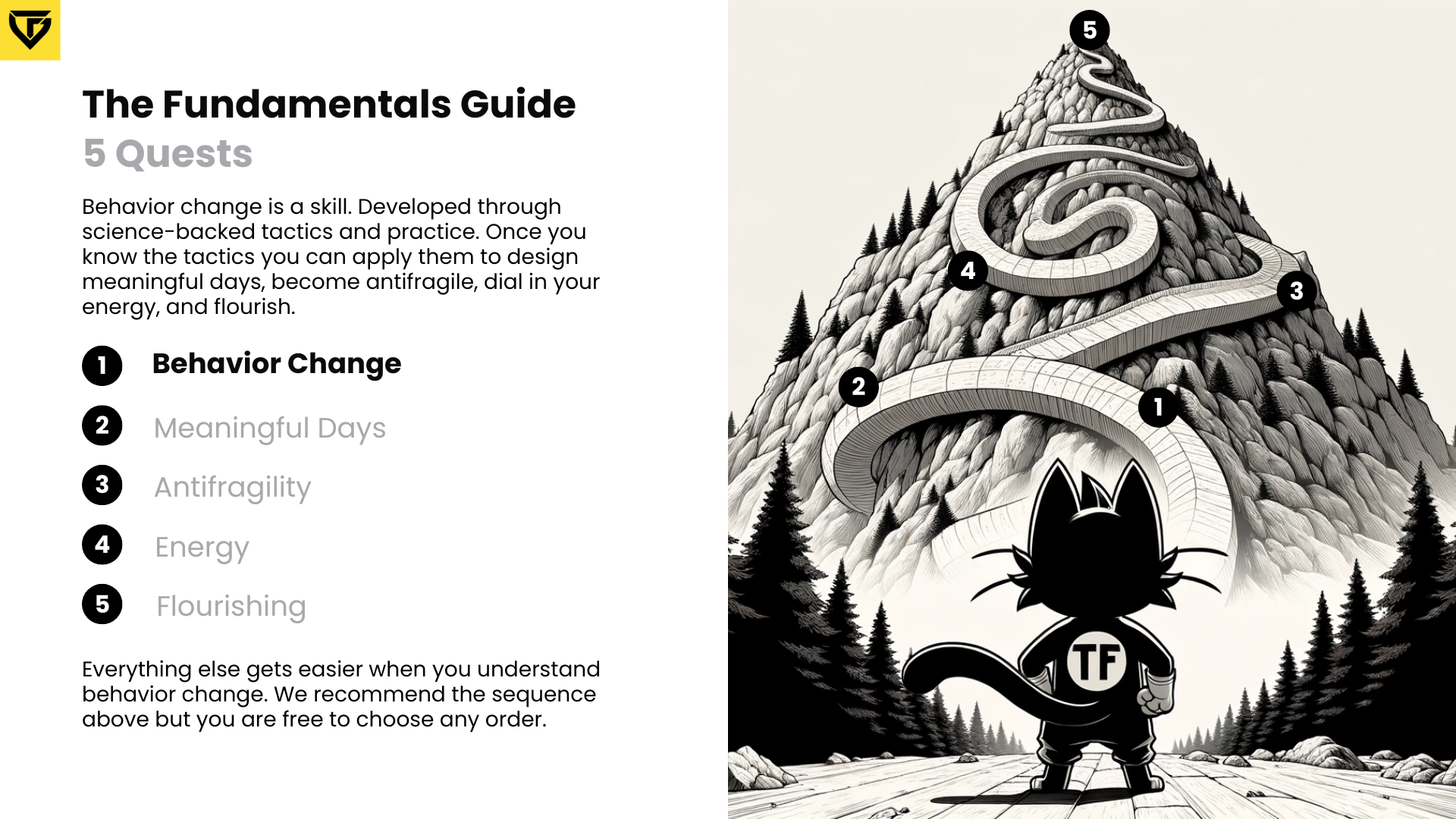 Five Quest - Cat Gazing At Mountain With Quests Highlighted On Winding Path