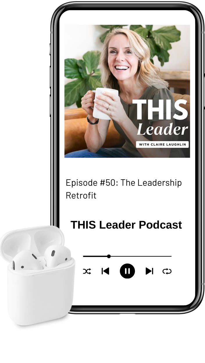 Mock up of podcast episode on phone with air pods Episode #50 "The Leadership Retrofit" with Podcast cover art