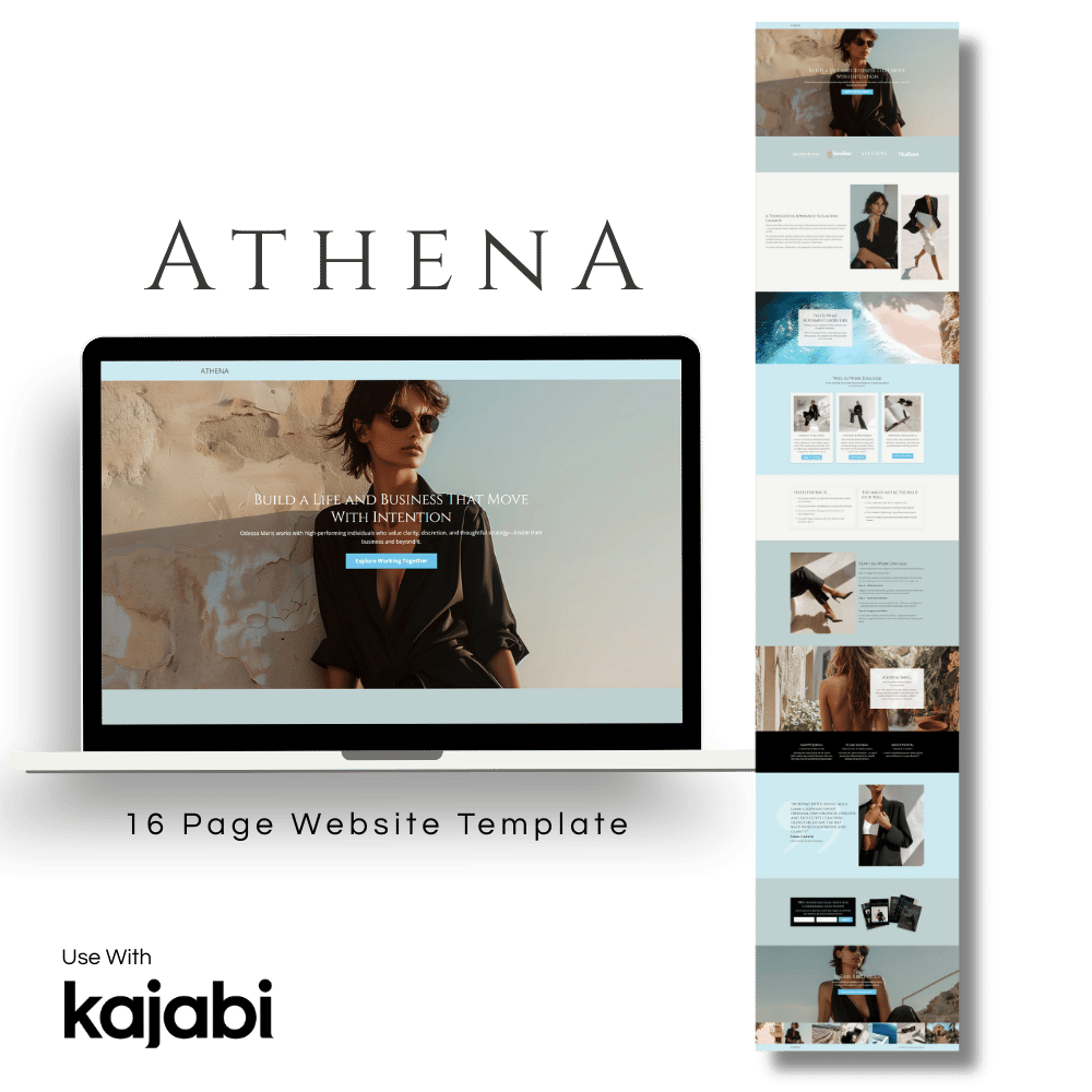Athena Kajabi website template for coaches featuring a 16-page luxury website design with coastal colors and editorial imagery