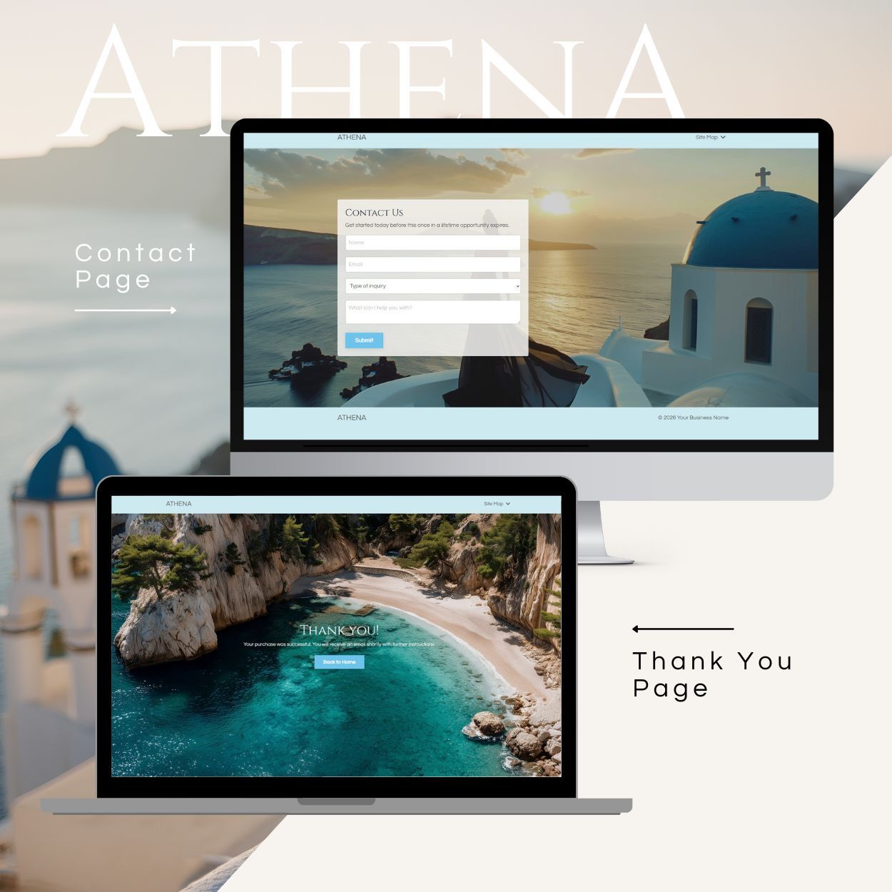 Athena Kajabi contact page and thank you page with Mediterranean coastal imagery