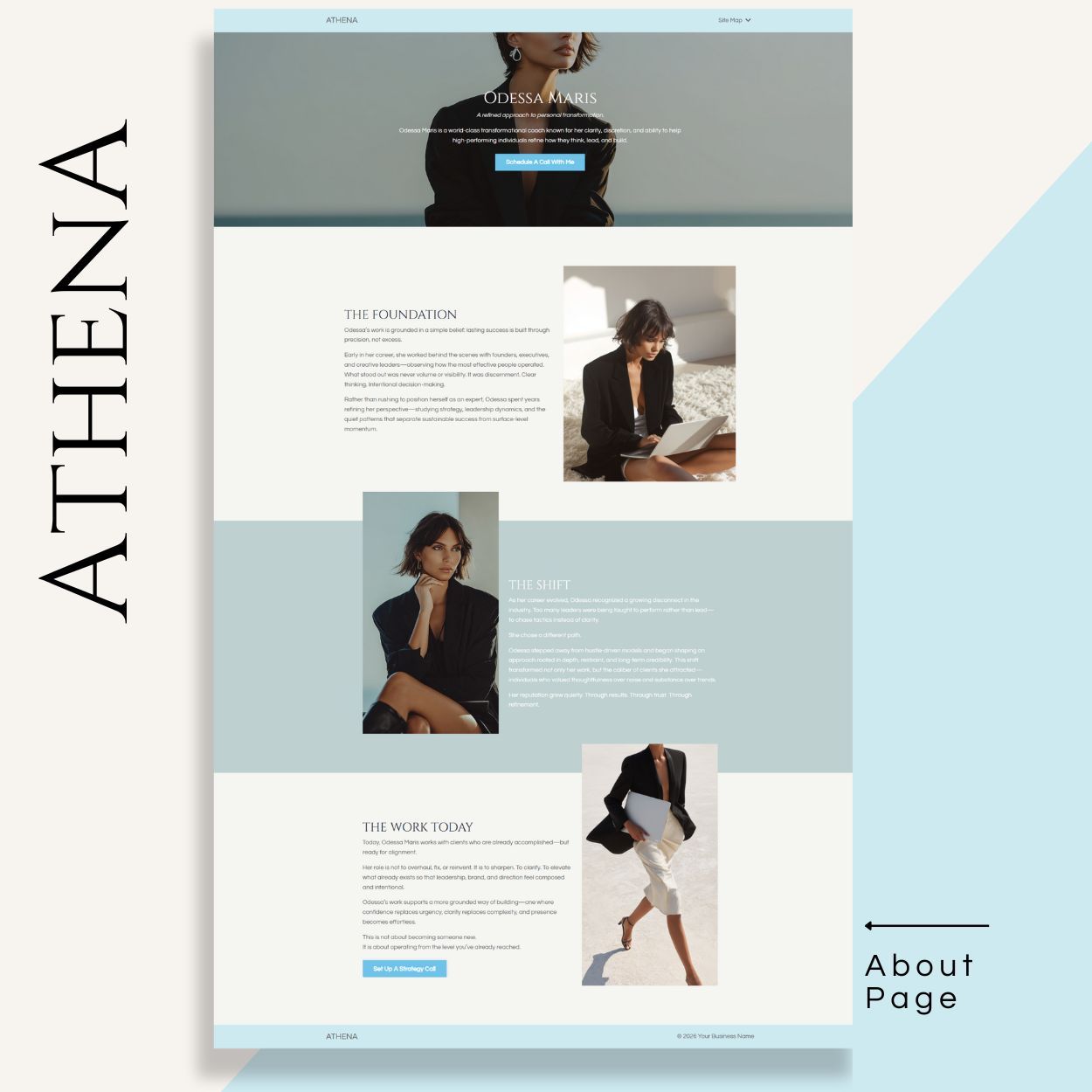 Athena Kajabi About page template featuring a high-end life coach brand with editorial layout, soft coastal colors, and minimalist typography