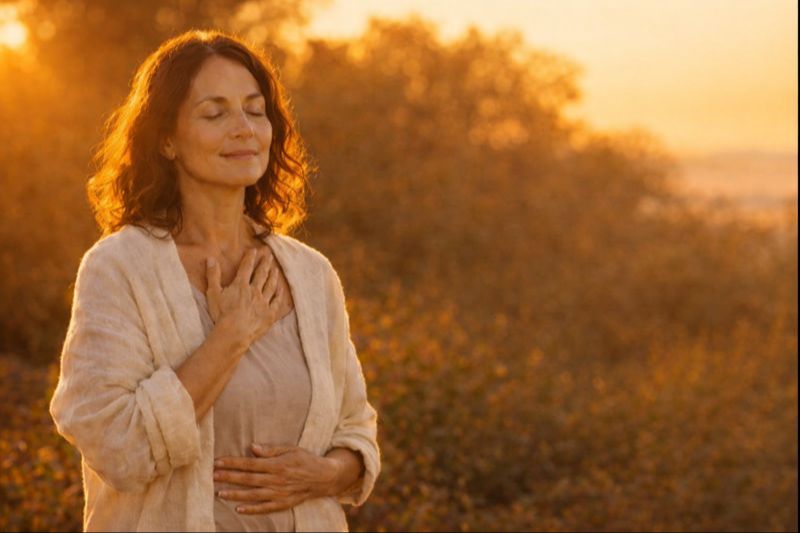 Woman in the sunset meditating during In the Midst of It All Playshop with Janet Farnsworth