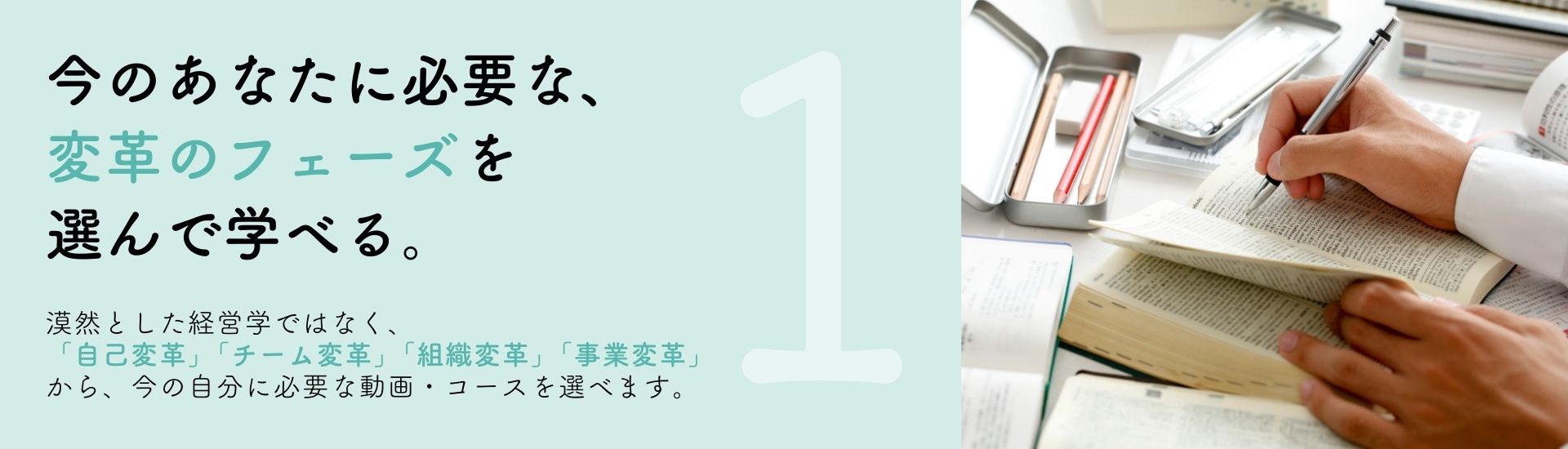 今のあなたに必要な、 変革のフェーズを 選んで学べる。漠然とした経営学ではなく、 「自己変革」「チーム変革」「組織変革」「事業変革」から、今の自分に必要な動画・コースを選べます。