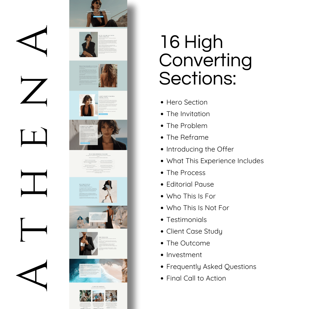 Athena Kajabi website template pages including home, about, contact, blog, opt-in, member pages, and instructional assets