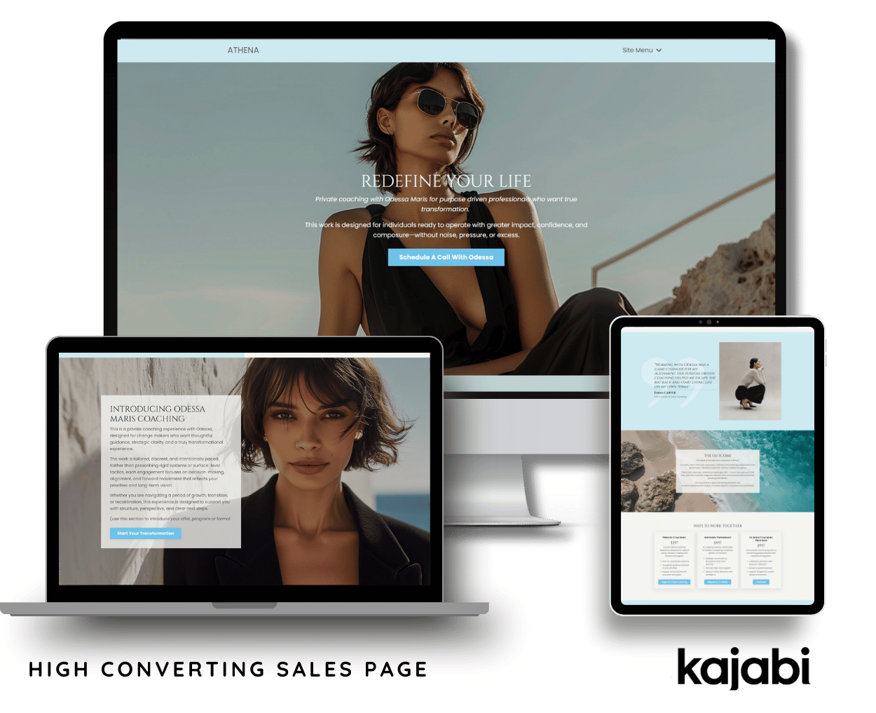 Athena Kajabi sales page template for coaches featuring a 16-page luxury website design with coastal colors and editorial imagery