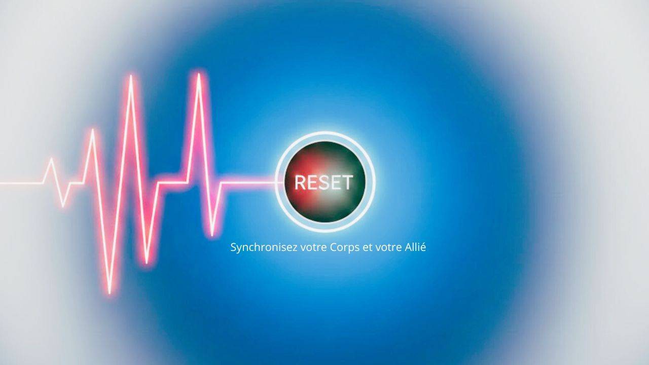 Visuel de la Masterclass Bio-Reset Neuro-coaching SMC. Design minimaliste avec un bouton central marqué 'RESET' vers lequel converge une onde lumineuse en dégradé blanc et rose sur fond bleu ciel, pour illustrer la synchronisation du corps et la reprogrammation biologique en neuro-coaching.