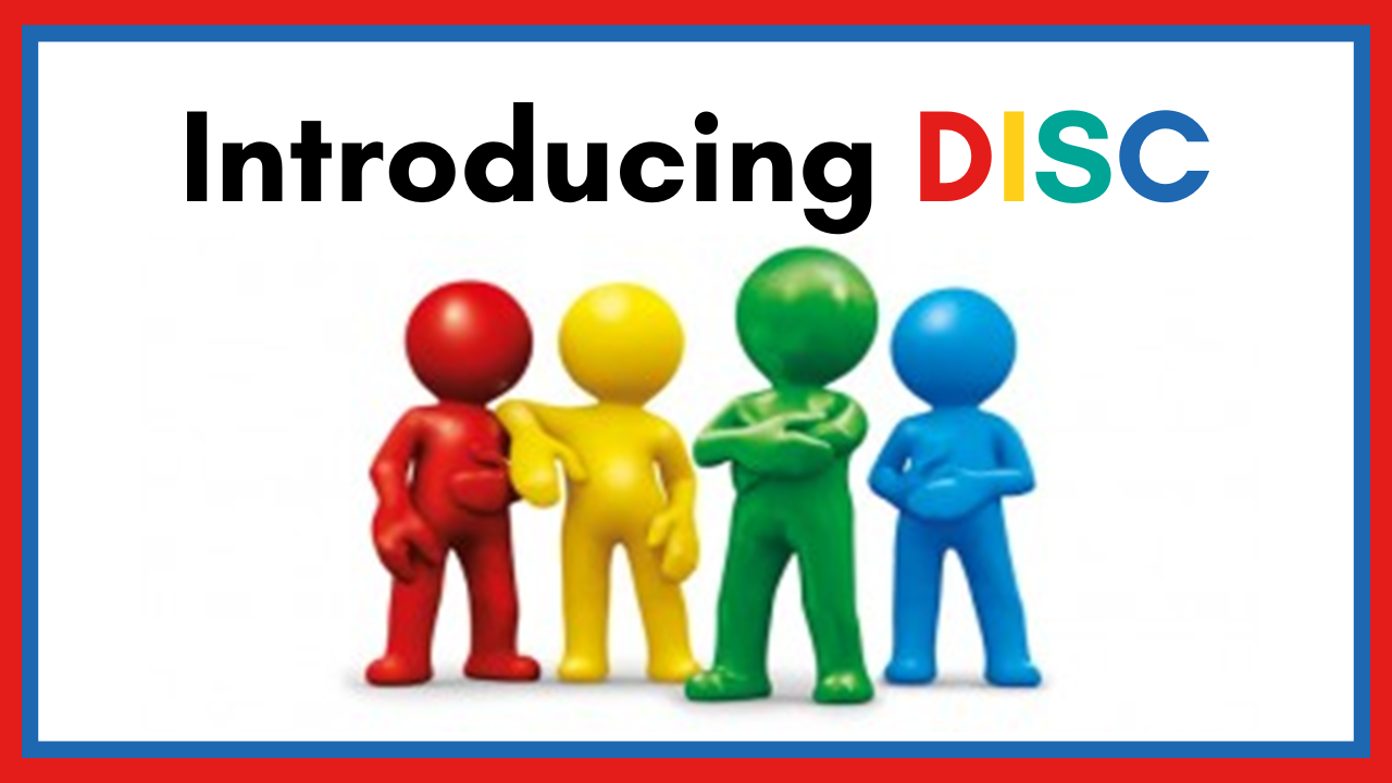 Red outer and blue inner border, white background with DISC Uniquely You.  There's a cartoon image of a person in the bottom left corner