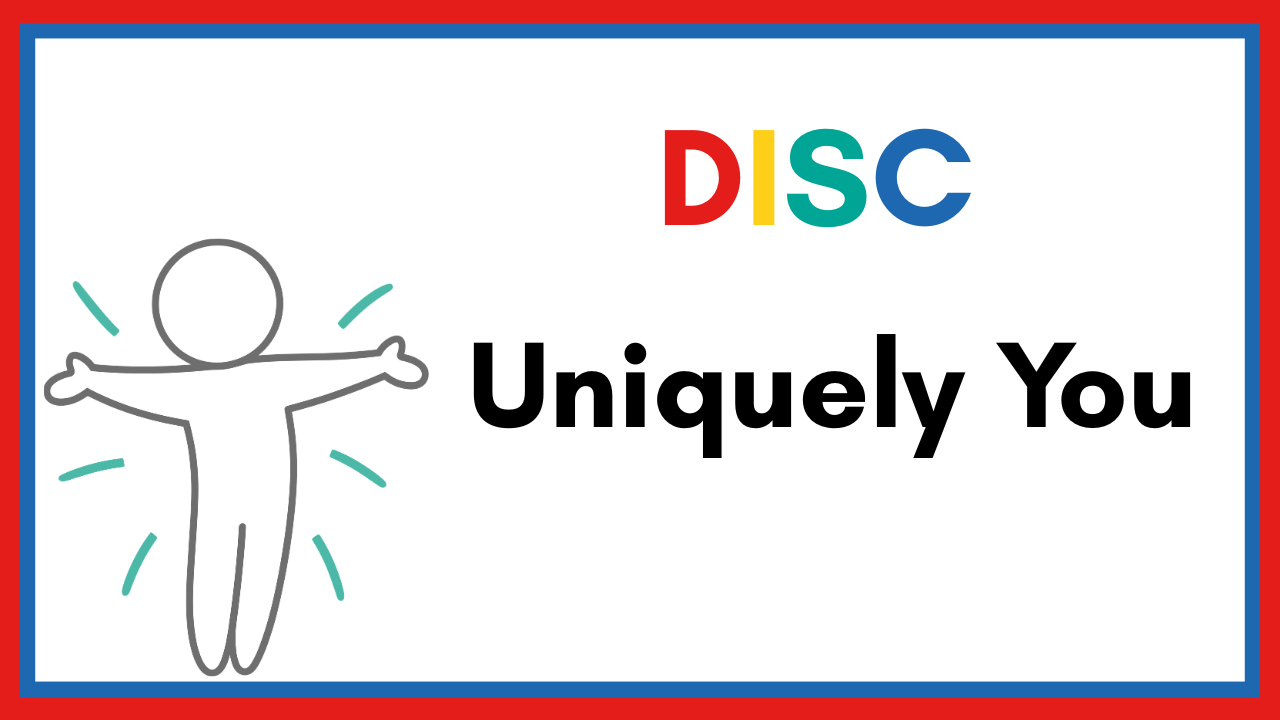 Red outer and blue inner border, white background with DISC Uniquely You.  There's a cartoon image of a person in the bottom left corner