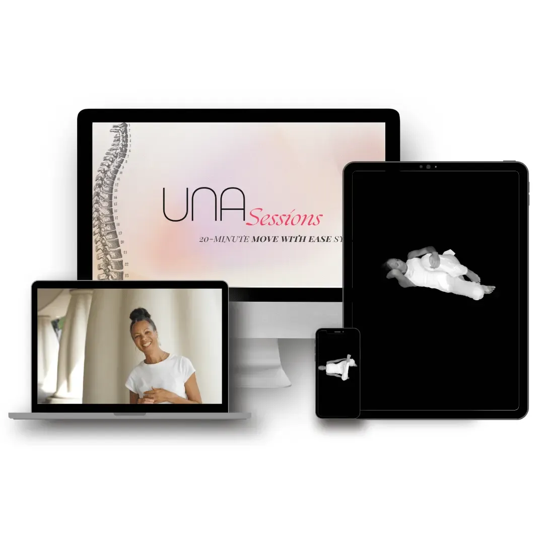 UNA Sessions digital course preview displayed on a laptop, tablet, and smartphone.