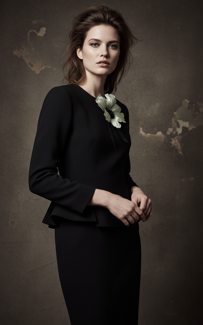 Modella generata con AI per visualizzare l’effetto indossato. La spilla Fleur Nocturne è autentica e l’immagine ne rispecchia fedelmente dimensioni e costruzione.