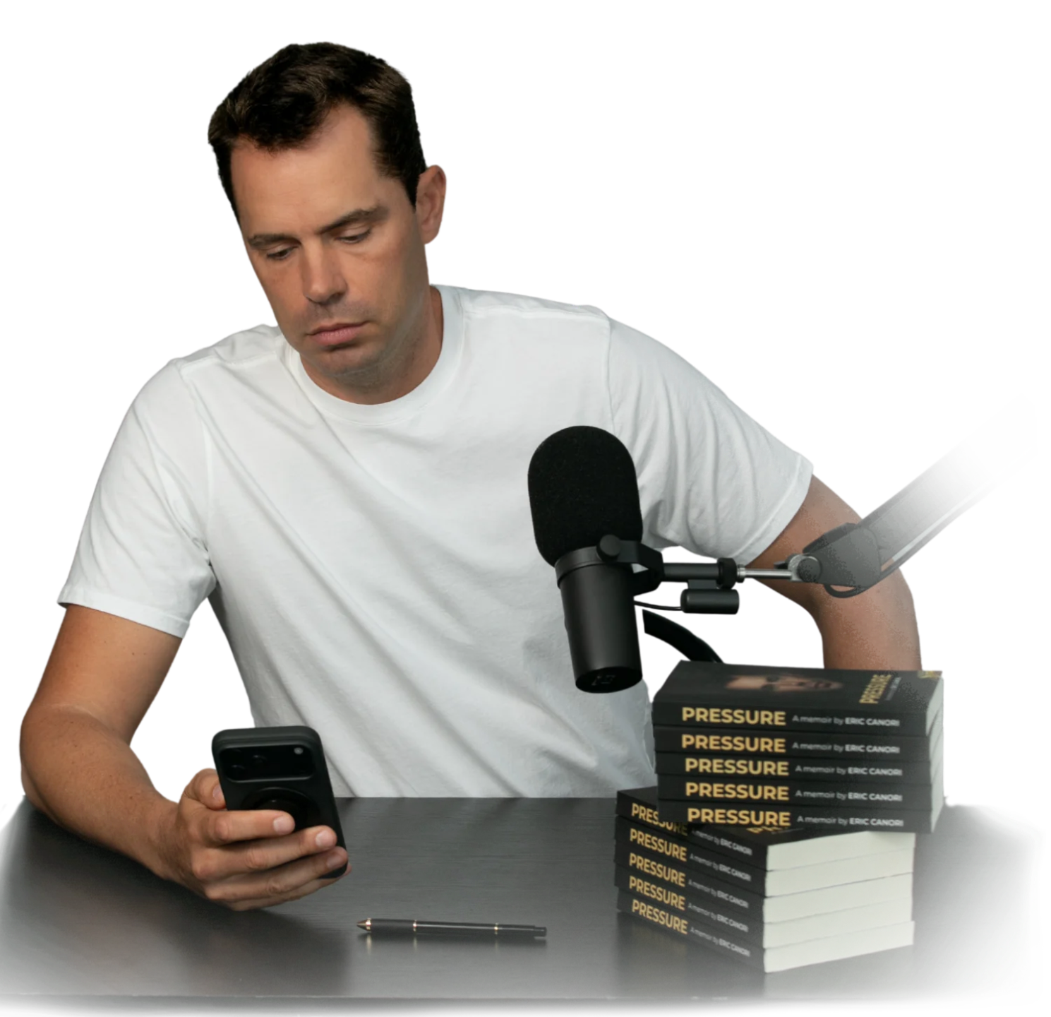 high-performance consultant for entrepreneurs by a desk with a phone and mic