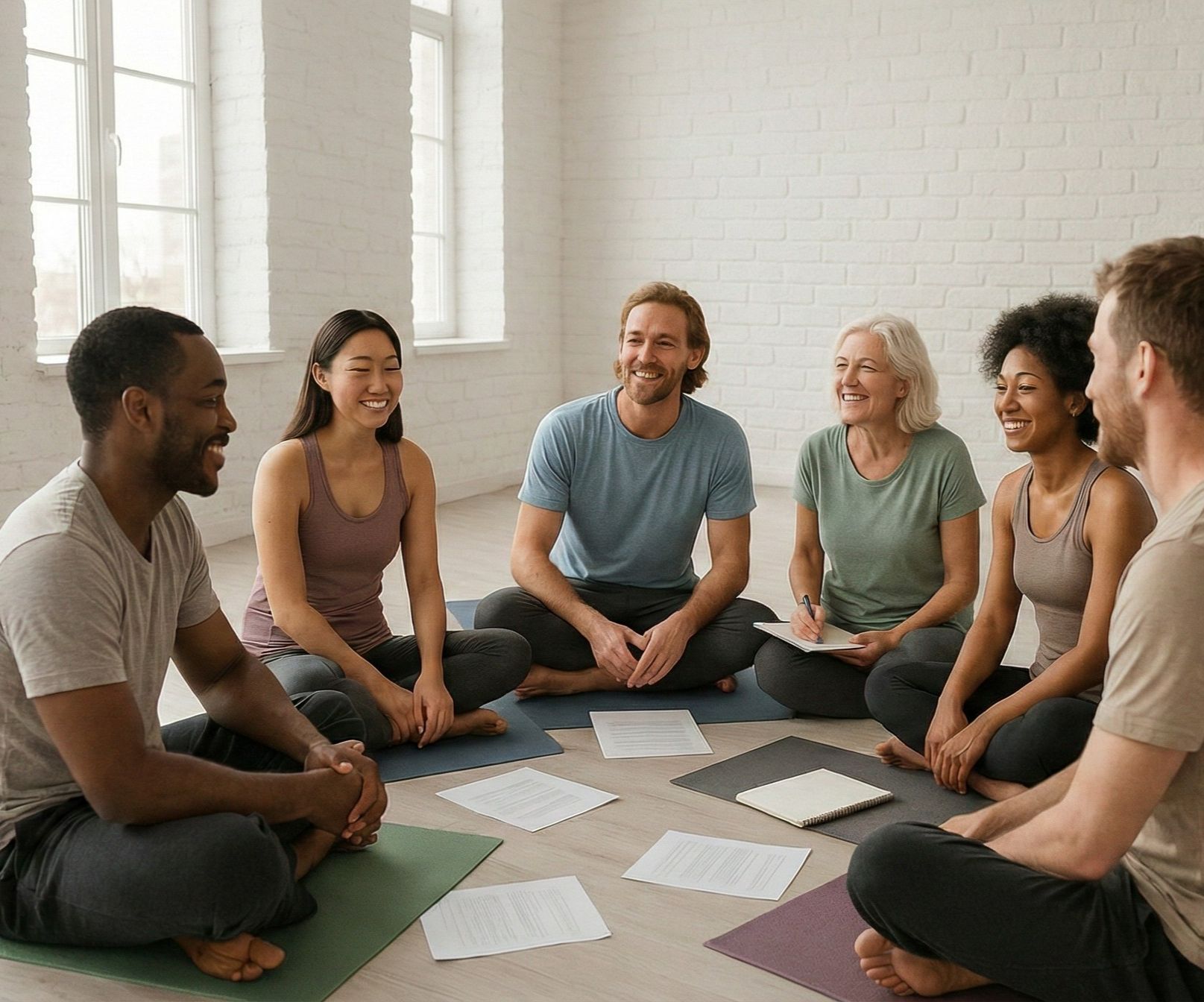Diverse group of yoga teacher training students laughing and discussing course materials seated in a circle on yoga mats in a bright studio.