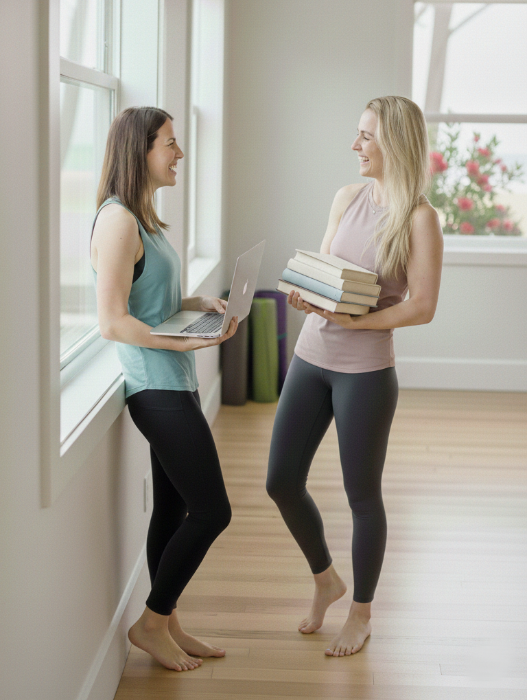 Two yoga teacher training students smiling and chatting in a yoga studio, one holding a laptop and the other holding a stack of books, with rolled yoga mats in the background.