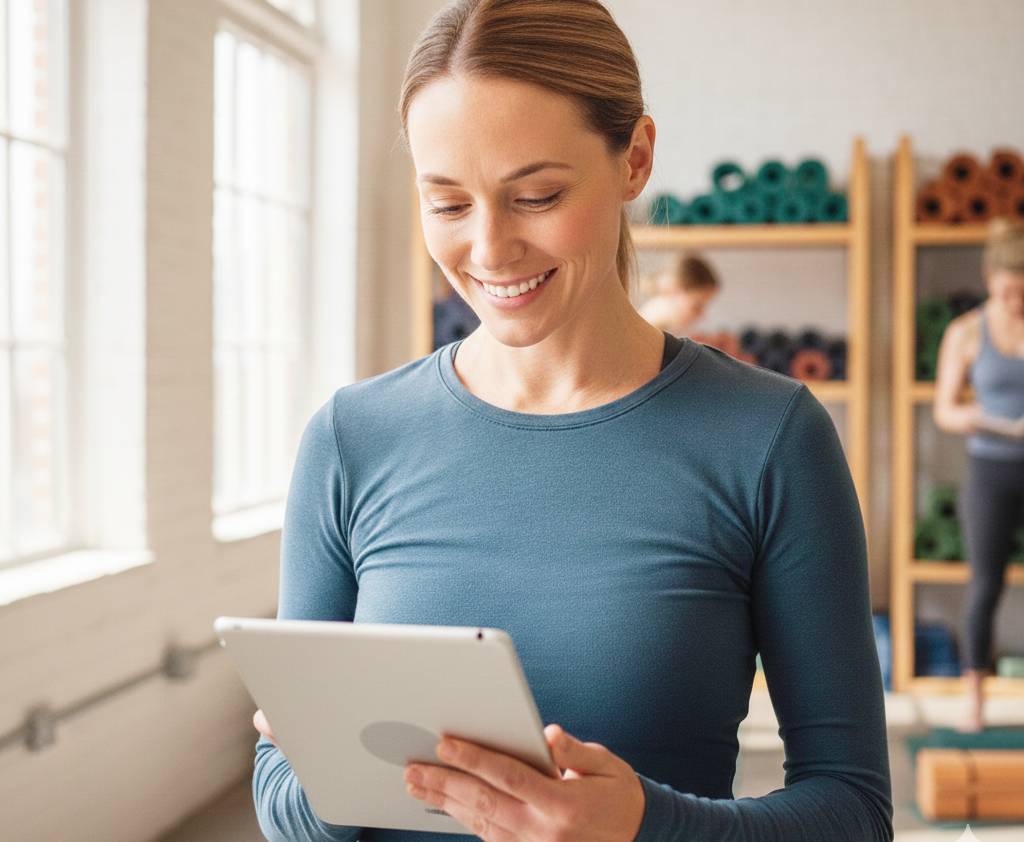 Smiling female yoga teacher using a tablet in a bright yoga studio with rolled yoga mats on shelves in the background.