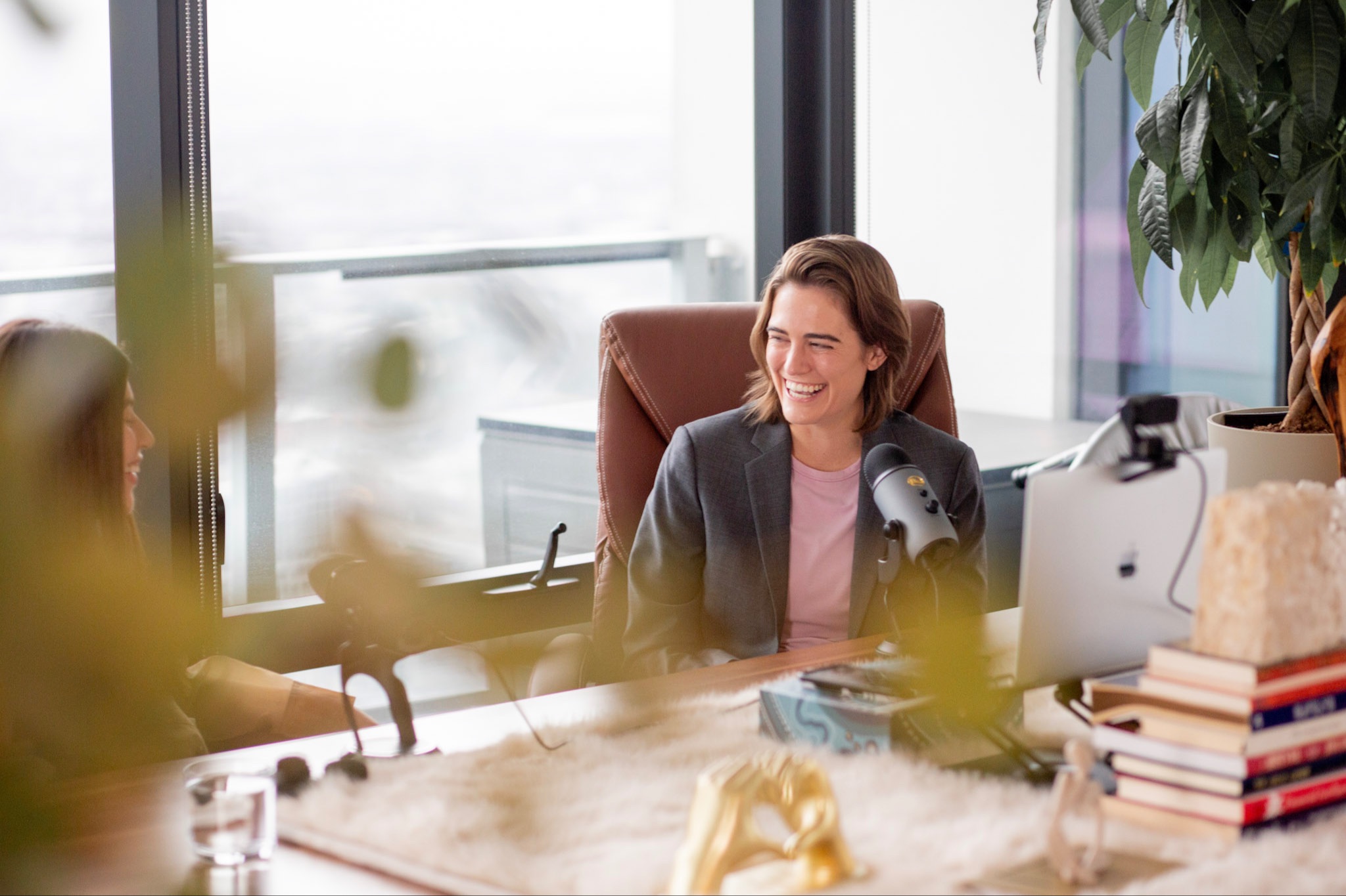 happy talking with colleague