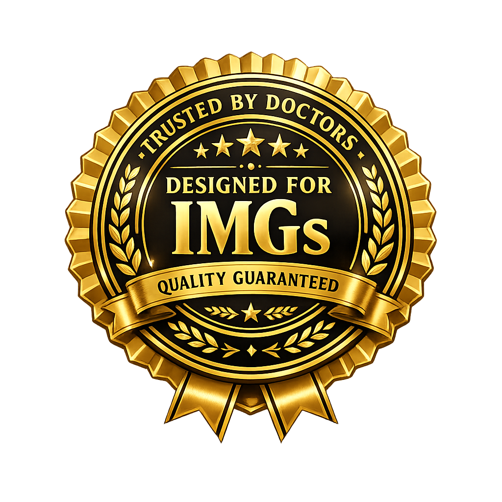 Gold seal badge with five stars that reads “Trusted by Doctors – Designed for IMGs – Quality Guaranteed” (DockRoach AMC Examiner Mindset Masterclass).