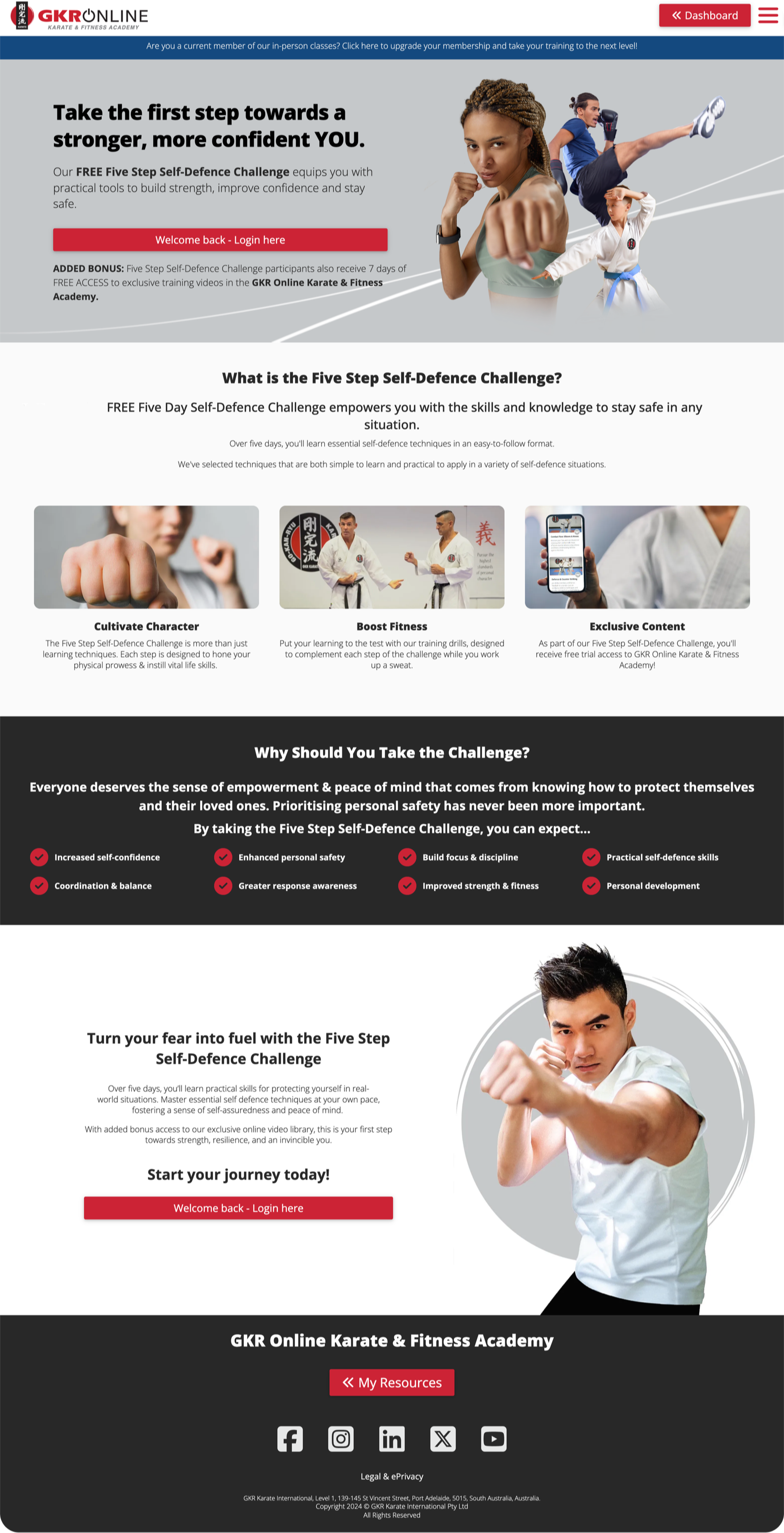 Full-page screenshot of GKR Karate lead generation website created by Kajabi Experts Agency - Kajabi Martial Arts Learning Platform