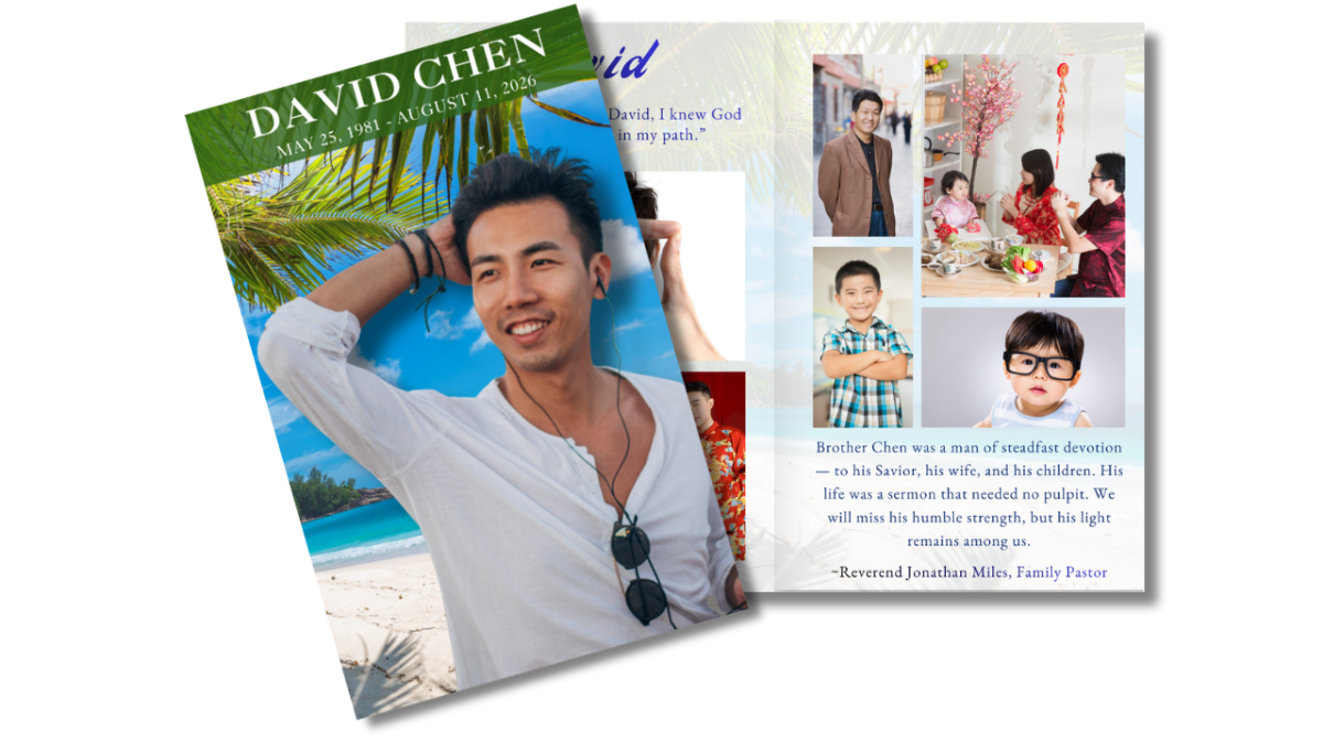 Men’s funeral program front cover with tropical beach design alongside open interior pages showing structured photo collage layouts.