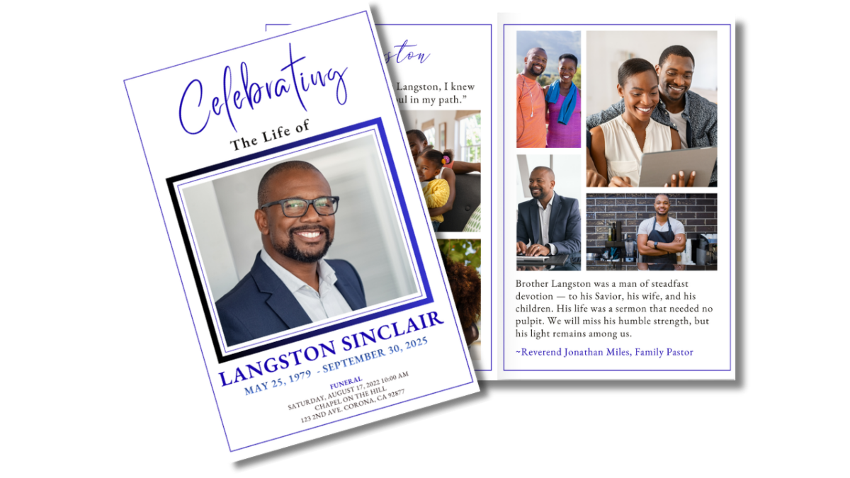 Front cover displayed beside open interior pages, showing the coordinated blue-accented design across obituary, collage, poem, and tribute layouts with clean borders and structured typography.