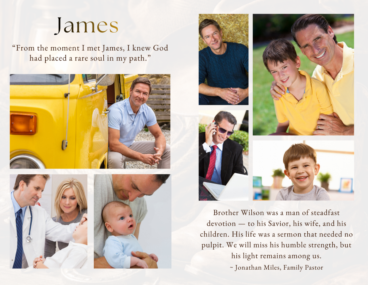Photo collage pages capturing meaningful life moments—from family and work to quiet everyday memories—arranged in a cohesive layout that honors his journey and legacy.