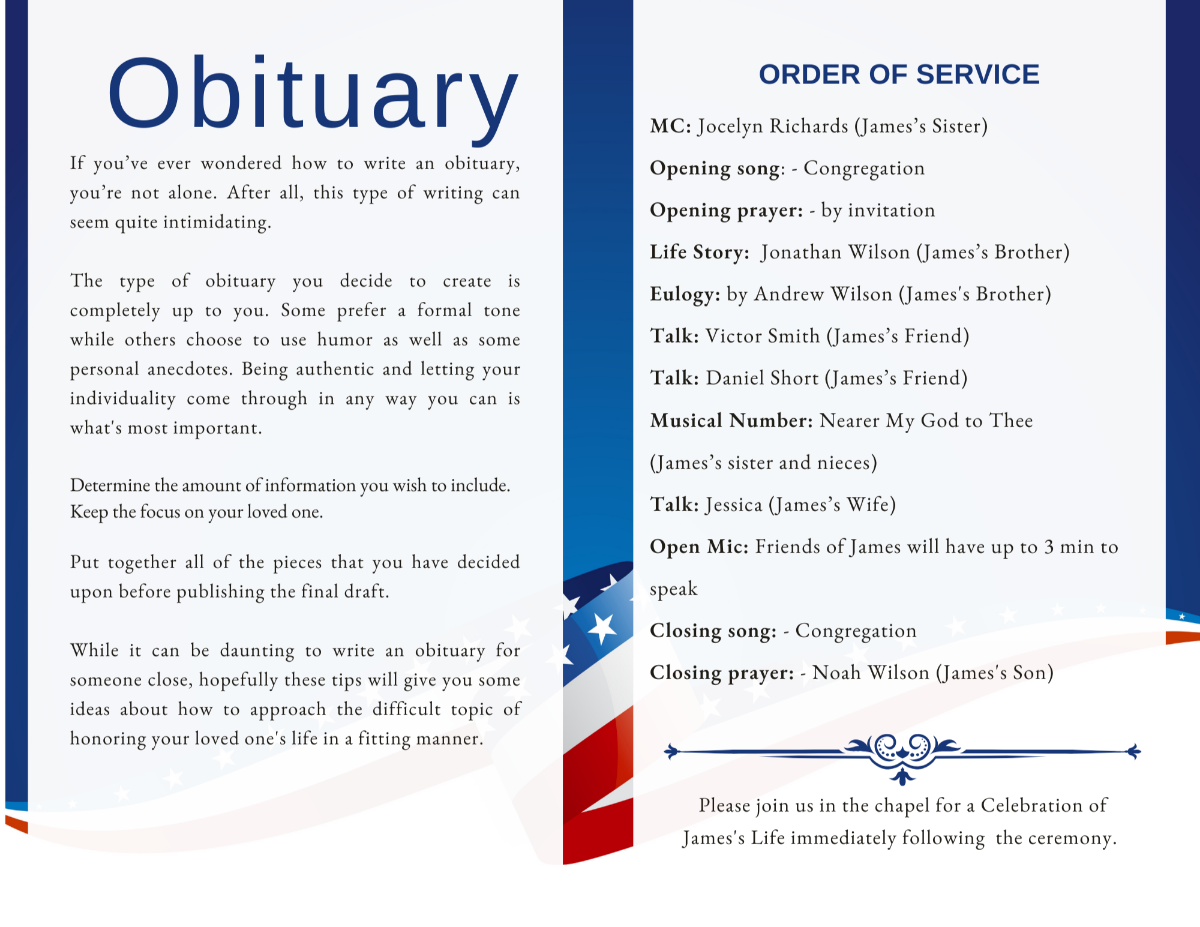 Inside pages showing obituary text and detailed order of service with patriotic blue accents and clean layout.