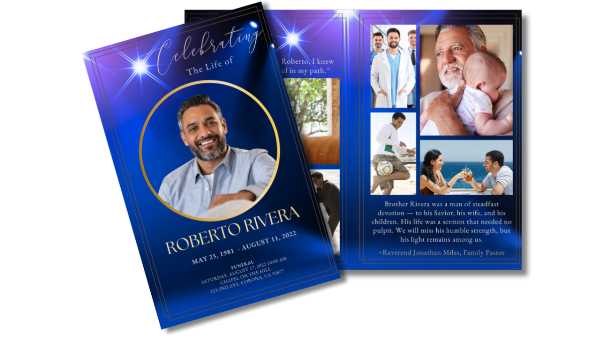 Thank-you and tribute page featuring a white dove, heartfelt appreciation message, memorial poem, and refined sapphire-blue background with gold decorative details.