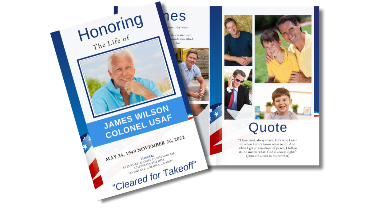 US Air Force funeral program front cover featuring patriotic red, white, and blue banner, framed portrait, and heartfelt tribute layout.