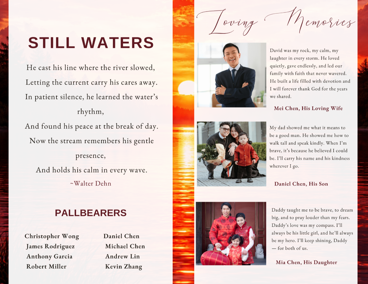 Pages featuring a reflective poem alongside family tributes and memories, designed to honor a life of quiet faith, strength, and love.