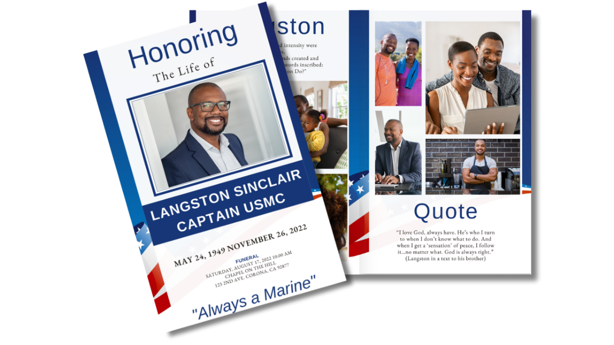 Open cover view showing the thank-you note on the back panel and front photo framed with red, white, and blue patriotic stripes.