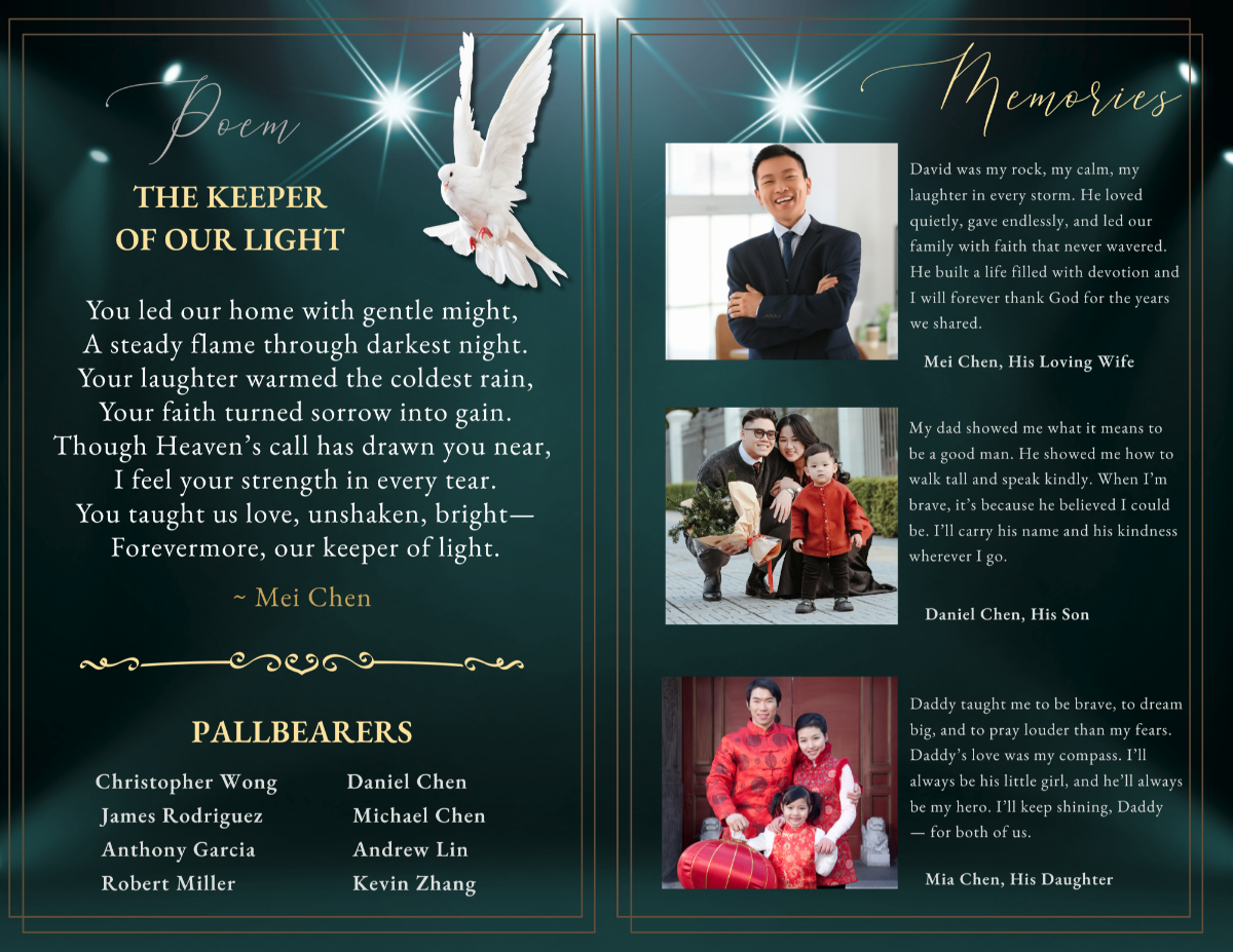 Poem and memories spread with white dove artwork, tribute messages from family members, and structured photo placement set against a rich jade background with gold accents.