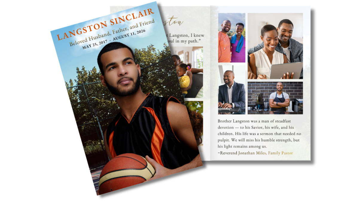 Front cover featuring a man with a basketball alongside an open interior spread with structured sections for memories, photos, and tributes.