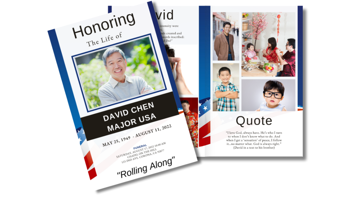 Funeral program layout showing cover and back pages with American flag ribbon and navy blue background.