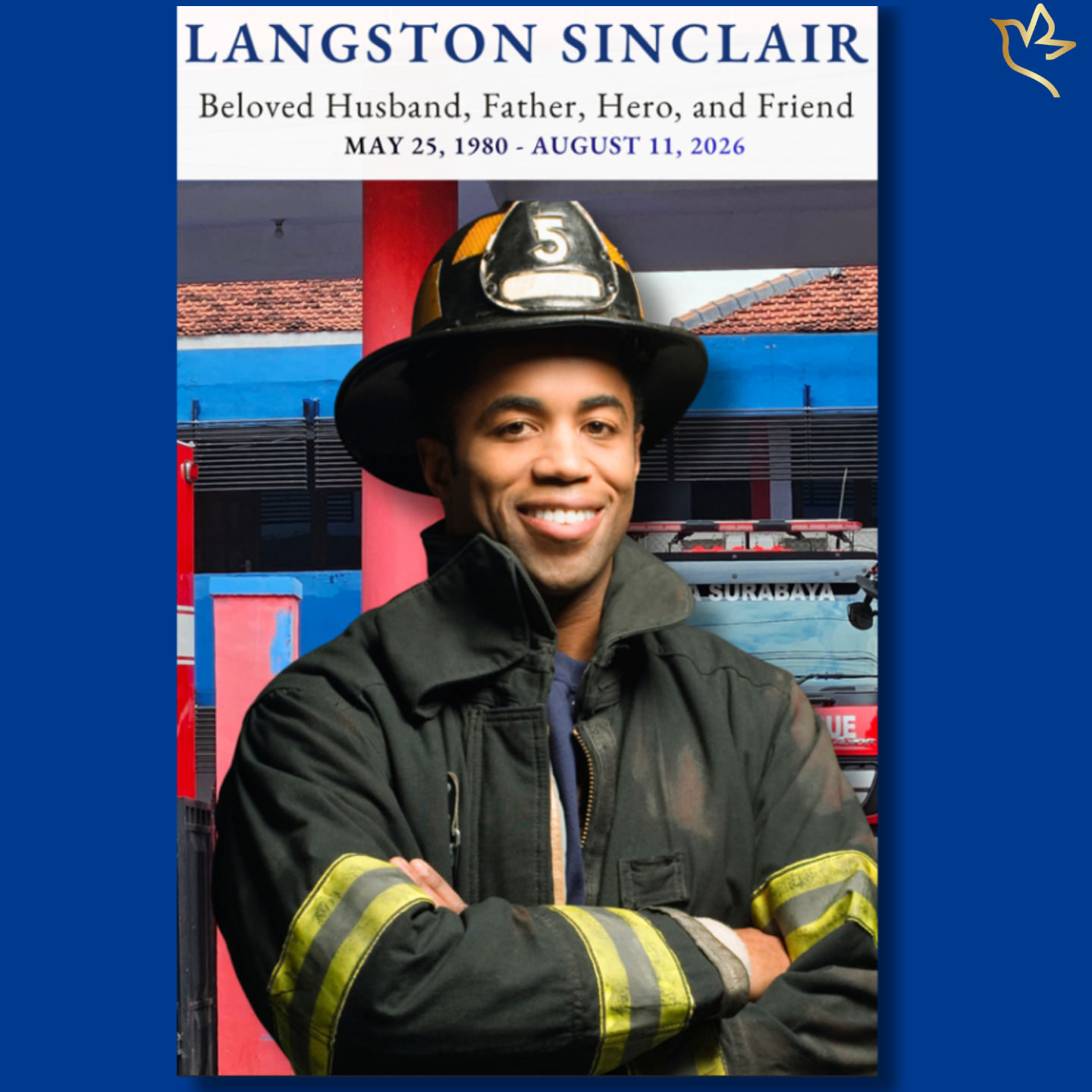 A confident firefighter standing with arms crossed in front of a fire station, wearing full turnout gear and helmet, framed in a bold, structured design that honors courage, service, and unwavering strength.