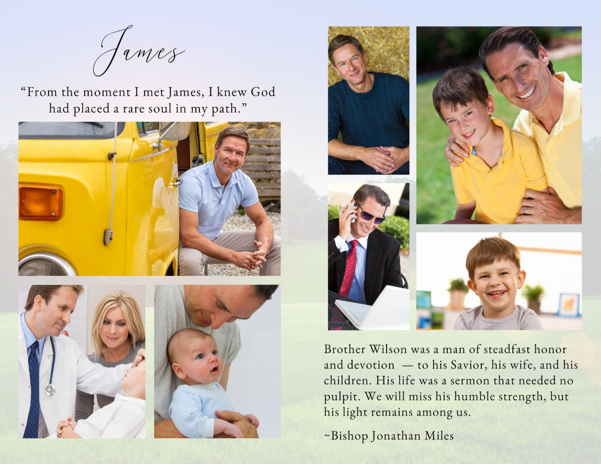 Photo collage layout showcasing meaningful life moments arranged in a clean layout with soft landscape background and natural lighting.