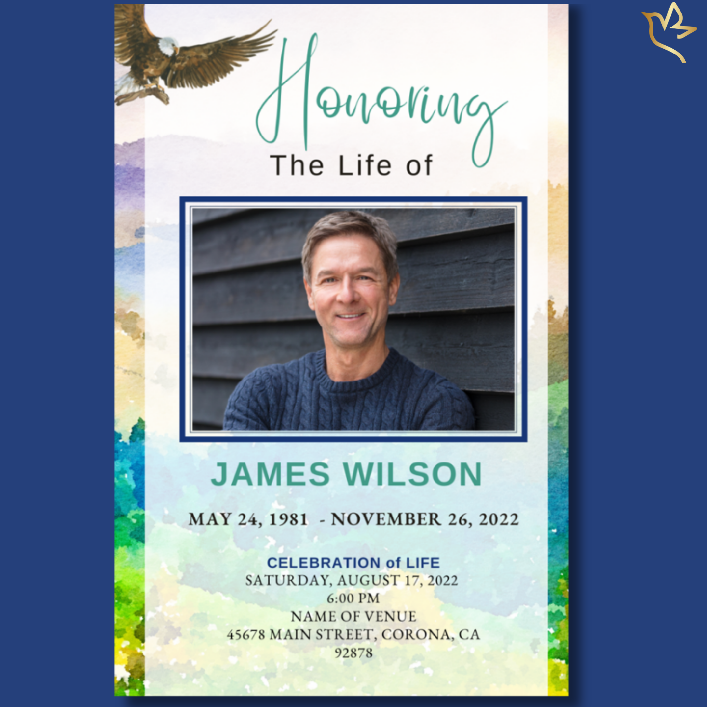 Front cover of Great Outdoors Mountains Funeral Program Template featuring smiling man with watercolor mountain background and eagle design.