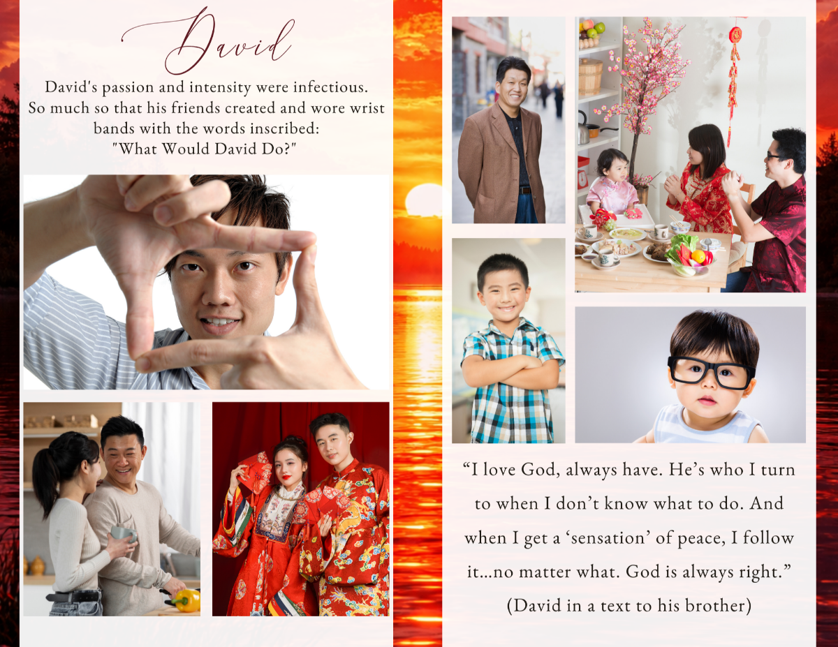 Photo collage pages capturing meaningful life moments, arranged in a warm, cohesive layout that reflects connection, legacy, and the calm presence he brought to others.