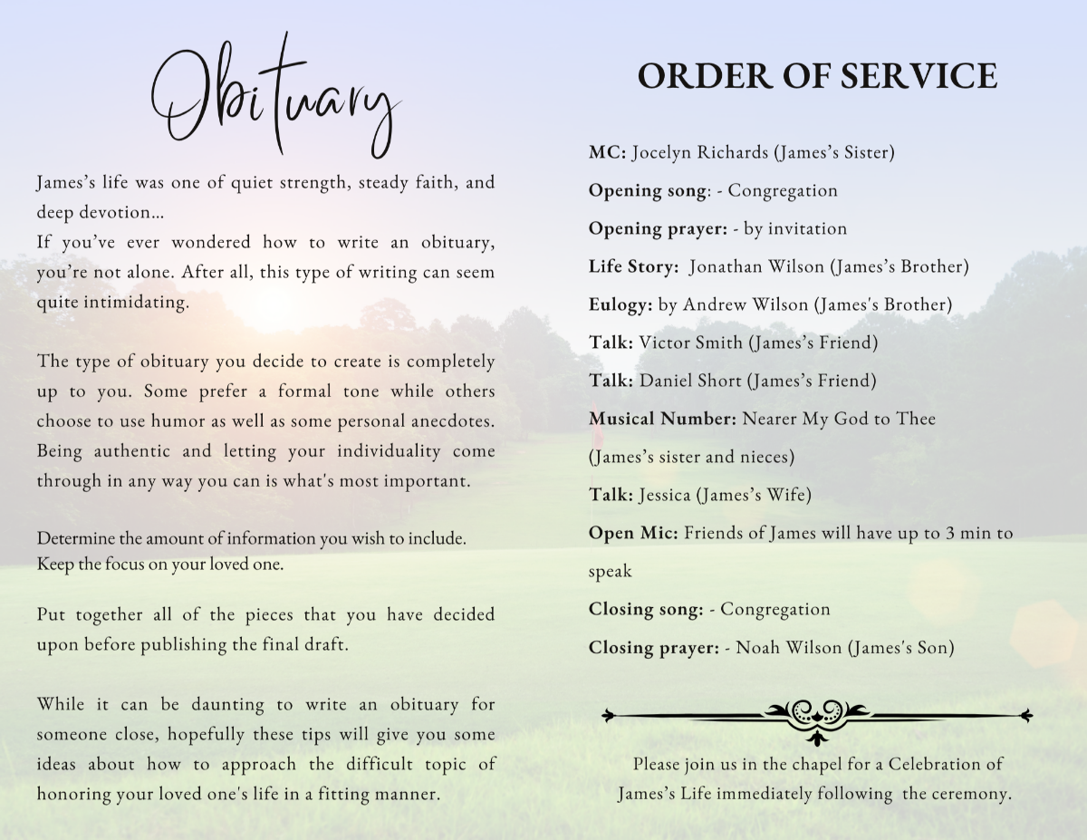 Obituary and order of service pages with clear, structured layouts set against a soft landscape background with subtle lighting and elegant typography.