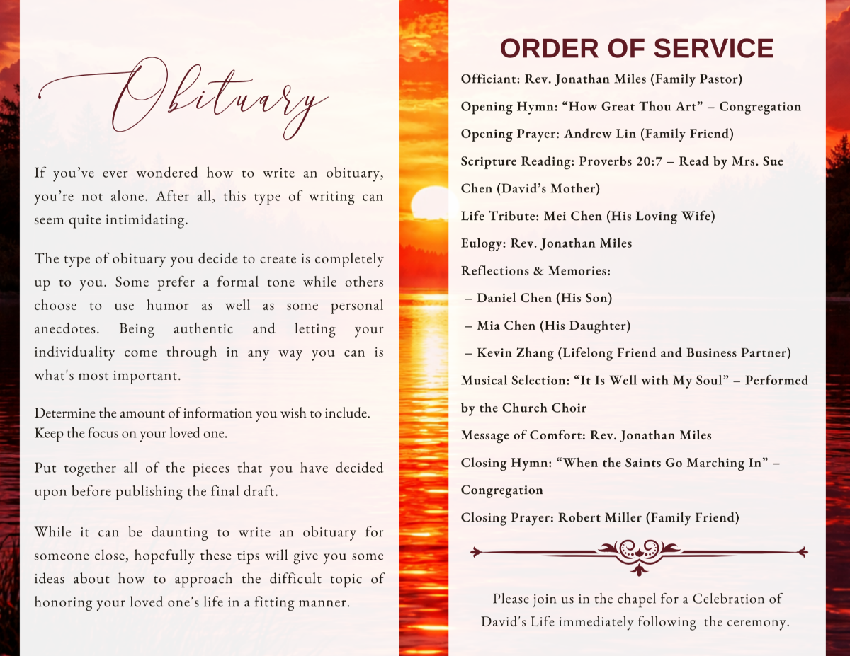 Interior pages displaying obituary text and order of service, styled with soft sunset tones and clear, easy-to-read formatting for a peaceful experience.