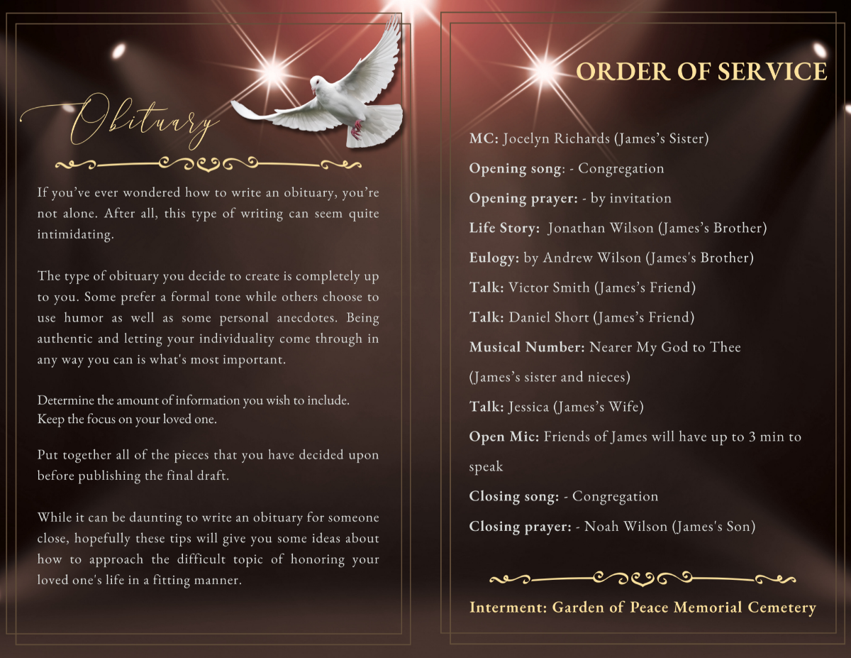Obituary and order of service layout with clear, readable text sections, gold decorative dividers, and radiant bronze background designed for a dignified and organized memorial program.